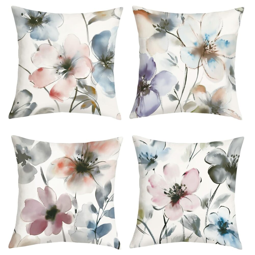1747 Watercolor Flower Throw Pillow Covers 20x20 Inch Set of 4 Rustic